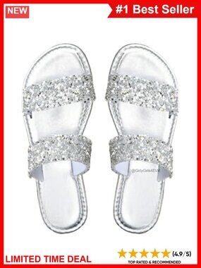 GORGLITTER Rhinestone Sparkly Flat Sandals Double Wide Strap Slide